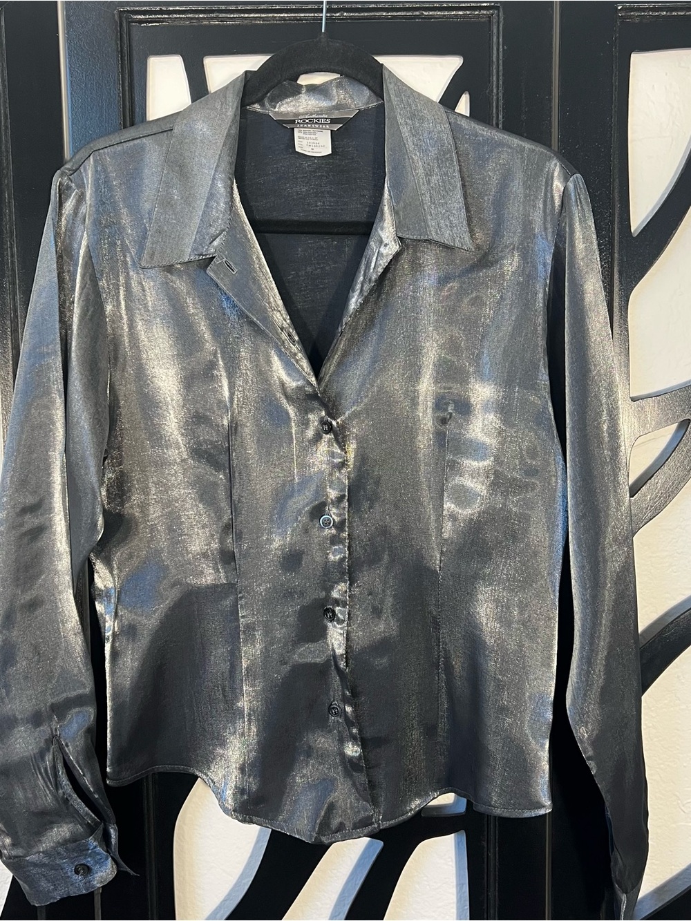 VTG Rockies Jeanswear Metallic Silver Botton Up Women's Shirt Size Medium Retro